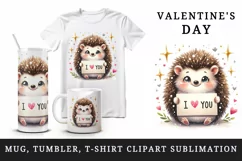 Watercolor cute hedgehog sparkle hearts I Love You quote Valentine Day print 20oz tumbler skinny mug wrap clipart t-shirt sublimation printable design