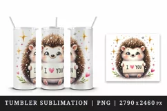 Watercolor cute hedgehog sparkle hearts I Love You quote Valentine Day print 20oz tumbler skinny mug wrap clipart t-shirt sublimation printable design