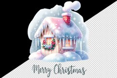 Watercolor cute house with icicles Merry Christmas quote print 20 oz tumbler skinny mug wrap clipart t-shirt sublimation printable design