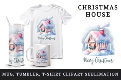 Watercolor cute house with icicles Merry Christmas quote print 20 oz tumbler skinny mug wrap clipart t-shirt sublimation printable design
