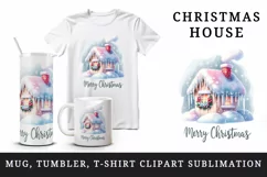 Watercolor cute house with icicles Merry Christmas quote print 20 oz tumbler skinny mug wrap clipart t-shirt sublimation printable design