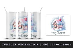 Watercolor cute house with icicles Merry Christmas quote print 20 oz tumbler skinny mug wrap clipart t-shirt sublimation printable design