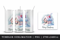 Watercolor cute house with icicles Merry Christmas quote print 20 oz tumbler skinny mug wrap clipart t-shirt sublimation printable design