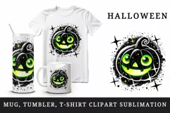 Watercolor cute jack o lantern pumpkin glowing neon green smile Halloween print tumbler skinny mug wrap clipart t-shirt sublimation printable design