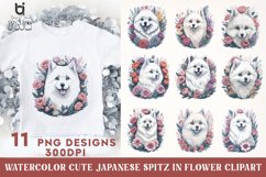 Watercolor Cute Japanese Spitz in Flower Clipart, Product Image 1