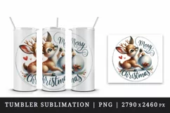 Watercolor cute joyful reindeer playing bauble Merry Christmas quote print 20 oz tumbler skinny mug wrap clipart t-shirt sublimation printable design