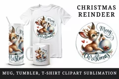 Watercolor cute joyful reindeer playing bauble Merry Christmas quote print 20 oz tumbler skinny mug wrap clipart t-shirt sublimation printable design