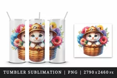 Watercolor cute kitten cat explorer hat basket of flowers summer animal print tumbler skinny mug wrap clipart t-shirt sublimation printable design