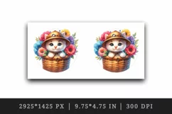 Watercolor cute kitten cat explorer hat basket of flowers summer animal print tumbler skinny mug wrap clipart t-shirt sublimation printable design