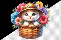 Watercolor cute kitten cat explorer hat basket of flowers summer animal print tumbler skinny mug wrap clipart t-shirt sublimation printable design