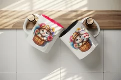 Watercolor cute kitten cat explorer hat basket of flowers summer animal print tumbler skinny mug wrap clipart t-shirt sublimation printable design