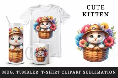 Watercolor cute kitten cat explorer hat basket of flowers summer animal print tumbler skinny mug wrap clipart t-shirt sublimation printable design