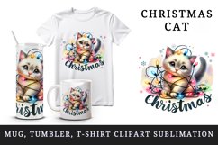 Watercolor cute kitten cat tangled in Christmas lights word quote print 20 oz tumbler skinny mug wrap clipart t-shirt sublimation printable design