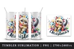 Watercolor cute kitten cat tangled in Christmas lights word quote print 20 oz tumbler skinny mug wrap clipart t-shirt sublimation printable design