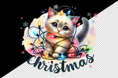 Watercolor cute kitten cat tangled in Christmas lights word quote print 20 oz tumbler skinny mug wrap clipart t-shirt sublimation printable design