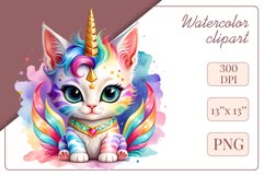 Explore the whimsical world of this charming watercolor clipart featuring an adorable kitten dressed in a magical unicorn pajama. Perfect for various creative projects including greeting cards, illustrations, fabric prints, event invitations, scrapbooking