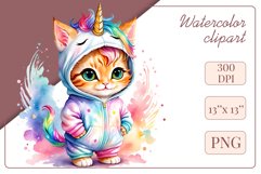 Explore the whimsical world of this charming watercolor clipart featuring an adorable kitten dressed in a magical unicorn pajama. Perfect for various creative projects including greeting cards, illustrations, fabric prints, event invitations, scrapbooking