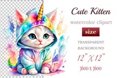 Explore the whimsical world of this charming watercolor clipart featuring an adorable kitten dressed in a magical unicorn pajama. Perfect for various creative projects including greeting cards, illustrations, fabric prints, event invitations, scrapbooking