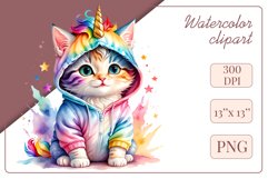 Explore the whimsical world of this charming watercolor clipart featuring an adorable kitten dressed in a magical unicorn pajama. Perfect for various creative projects including greeting cards, illustrations, fabric prints, event invitations, scrapbooking