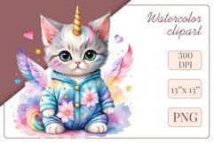 Explore the whimsical world of this charming watercolor clipart featuring an adorable kitten dressed in a magical unicorn pajama. Perfect for various creative projects including greeting cards, illustrations, fabric prints, event invitations, scrapbooking