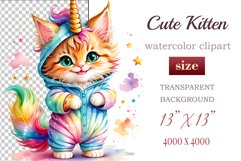 Explore the whimsical world of this charming watercolor clipart featuring an adorable kitten dressed in a magical unicorn pajama. Perfect for various creative projects including greeting cards, illustrations, fabric prints, event invitations, scrapbooking
