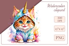 Explore the whimsical world of this charming watercolor clipart featuring an adorable kitten dressed in a magical unicorn pajama. Perfect for various creative projects including greeting cards, illustrations, fabric prints, event invitations, scrapbooking