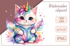 Explore the whimsical world of this charming watercolor clipart featuring an adorable kitten dressed in a magical unicorn pajama. Perfect for various creative projects including greeting cards, illustrations, fabric prints, event invitations, scrapbooking