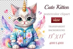 Explore the whimsical world of this charming watercolor clipart featuring an adorable kitten dressed in a magical unicorn pajama. Perfect for various creative projects including greeting cards, illustrations, fabric prints, event invitations, scrapbooking