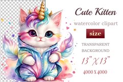 Explore the whimsical world of this charming watercolor clipart featuring an adorable kitten dressed in a magical unicorn pajama. Perfect for various creative projects including greeting cards, illustrations, fabric prints, event invitations, scrapbooking