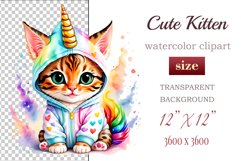 Explore the whimsical world of this charming watercolor clipart featuring an adorable kitten dressed in a magical unicorn pajama. Perfect for various creative projects including greeting cards, illustrations, fabric prints, event invitations, scrapbooking