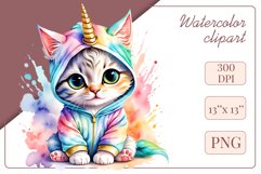 Explore the whimsical world of this charming watercolor clipart featuring an adorable kitten dressed in a magical unicorn pajama. Perfect for various creative projects including greeting cards, illustrations, fabric prints, event invitations, scrapbooking