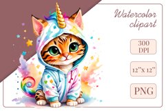 Explore the whimsical world of this charming watercolor clipart featuring an adorable kitten dressed in a magical unicorn pajama. Perfect for various creative projects including greeting cards, illustrations, fabric prints, event invitations, scrapbooking