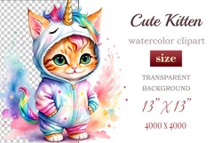 Explore the whimsical world of this charming watercolor clipart featuring an adorable kitten dressed in a magical unicorn pajama. Perfect for various creative projects including greeting cards, illustrations, fabric prints, event invitations, scrapbooking