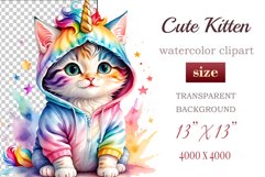 Explore the whimsical world of this charming watercolor clipart featuring an adorable kitten dressed in a magical unicorn pajama. Perfect for various creative projects including greeting cards, illustrations, fabric prints, event invitations, scrapbooking