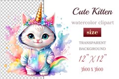 Explore the whimsical world of this charming watercolor clipart featuring an adorable kitten dressed in a magical unicorn pajama. Perfect for various creative projects including greeting cards, illustrations, fabric prints, event invitations, scrapbooking