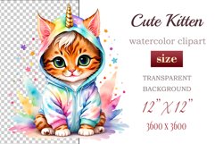 Explore the whimsical world of this charming watercolor clipart featuring an adorable kitten dressed in a magical unicorn pajama. Perfect for various creative projects including greeting cards, illustrations, fabric prints, event invitations, scrapbooking