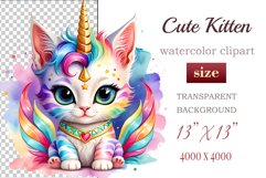 Explore the whimsical world of this charming watercolor clipart featuring an adorable kitten dressed in a magical unicorn pajama. Perfect for various creative projects including greeting cards, illustrations, fabric prints, event invitations, scrapbooking