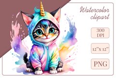 Explore the whimsical world of this charming watercolor clipart featuring an adorable kitten dressed in a magical unicorn pajama. Perfect for various creative projects including greeting cards, illustrations, fabric prints, event invitations, scrapbooking