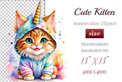 Explore the whimsical world of this charming watercolor clipart featuring an adorable kitten dressed in a magical unicorn pajama. Perfect for various creative projects including greeting cards, illustrations, fabric prints, event invitations, scrapbooking