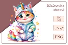 Explore the whimsical world of this charming watercolor clipart featuring an adorable kitten dressed in a magical unicorn pajama. Perfect for various creative projects including greeting cards, illustrations, fabric prints, event invitations, scrapbooking