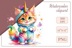 Explore the whimsical world of this charming watercolor clipart featuring an adorable kitten dressed in a magical unicorn pajama. Perfect for various creative projects including greeting cards, illustrations, fabric prints, event invitations, scrapbooking