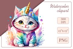 Explore the whimsical world of this charming watercolor clipart featuring an adorable kitten dressed in a magical unicorn pajama. Perfect for various creative projects including greeting cards, illustrations, fabric prints, event invitations, scrapbooking