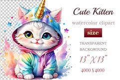 Explore the whimsical world of this charming watercolor clipart featuring an adorable kitten dressed in a magical unicorn pajama. Perfect for various creative projects including greeting cards, illustrations, fabric prints, event invitations, scrapbooking