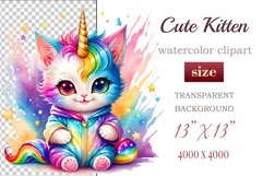 Explore the whimsical world of this charming watercolor clipart featuring an adorable kitten dressed in a magical unicorn pajama. Perfect for various creative projects including greeting cards, illustrations, fabric prints, event invitations, scrapbooking