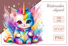 Explore the whimsical world of this charming watercolor clipart featuring an adorable kitten dressed in a magical unicorn pajama. Perfect for various creative projects including greeting cards, illustrations, fabric prints, event invitations, scrapbooking
