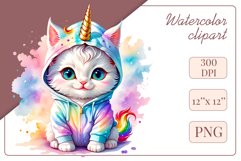 Explore the whimsical world of this charming watercolor clipart featuring an adorable kitten dressed in a magical unicorn pajama. Perfect for various creative projects including greeting cards, illustrations, fabric prints, event invitations, scrapbooking