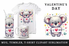 Watercolor cute koala sparkle hearts I Love You quote Valentine Day print 20 oz tumbler skinny mug wrap clipart t-shirt sublimation printable design