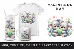Watercolor cute koalas heart eucalyptus leaf Love Valentine Day print 20 oz tumbler skinny mug wrap clipart t-shirt sublimation printable design