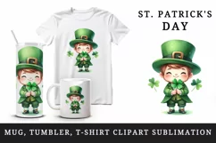Watercolor cute leprechaun holding clover shamrock St Patrick Day print 20 oz tumbler skinny mug wrap clipart t-shirt sublimation printable design