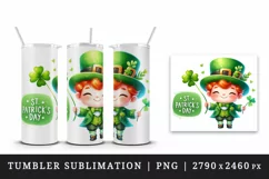 Watercolor cute leprechaun holding clover shamrock St Patrick Day print 20 oz tumbler skinny mug wrap clipart t-shirt sublimation printable design
